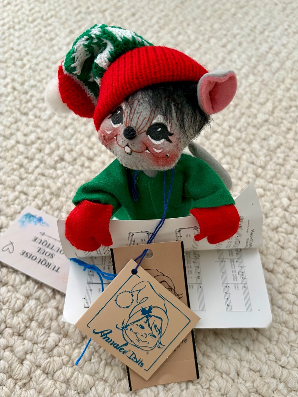 Annalee Red & Green Elf Cat Plush with Pink Ears